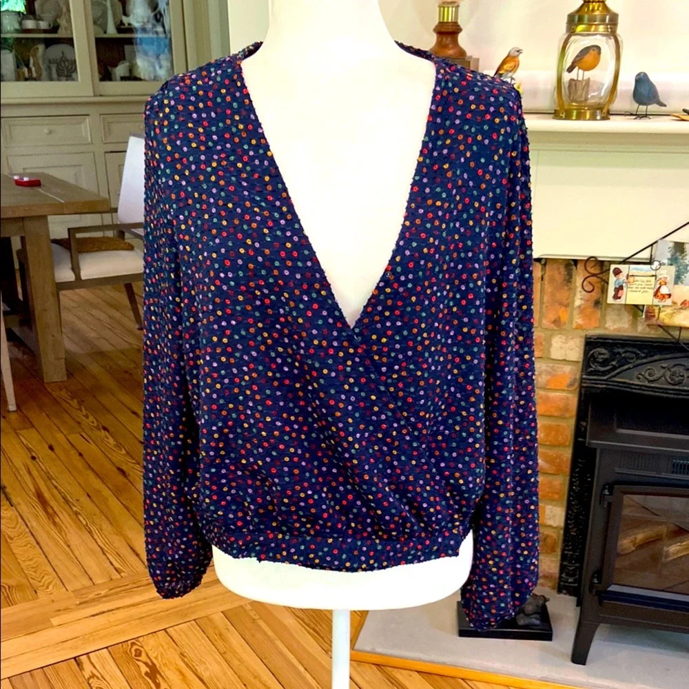 Madewell Lyric Wrap Top In Sugar Dot Navy Blue Sheer Puff Sleeves Womens LARGE